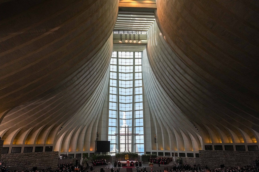 Pope Leo XIV delivers a reflection during a visit to Our Lady of Lebanon Basilica in Harissa, Lebanon, during a meeting with the country's bishops, priests, religious and lay faithful Dec. 1, 2025. (CNS photo/Lola Gomez)