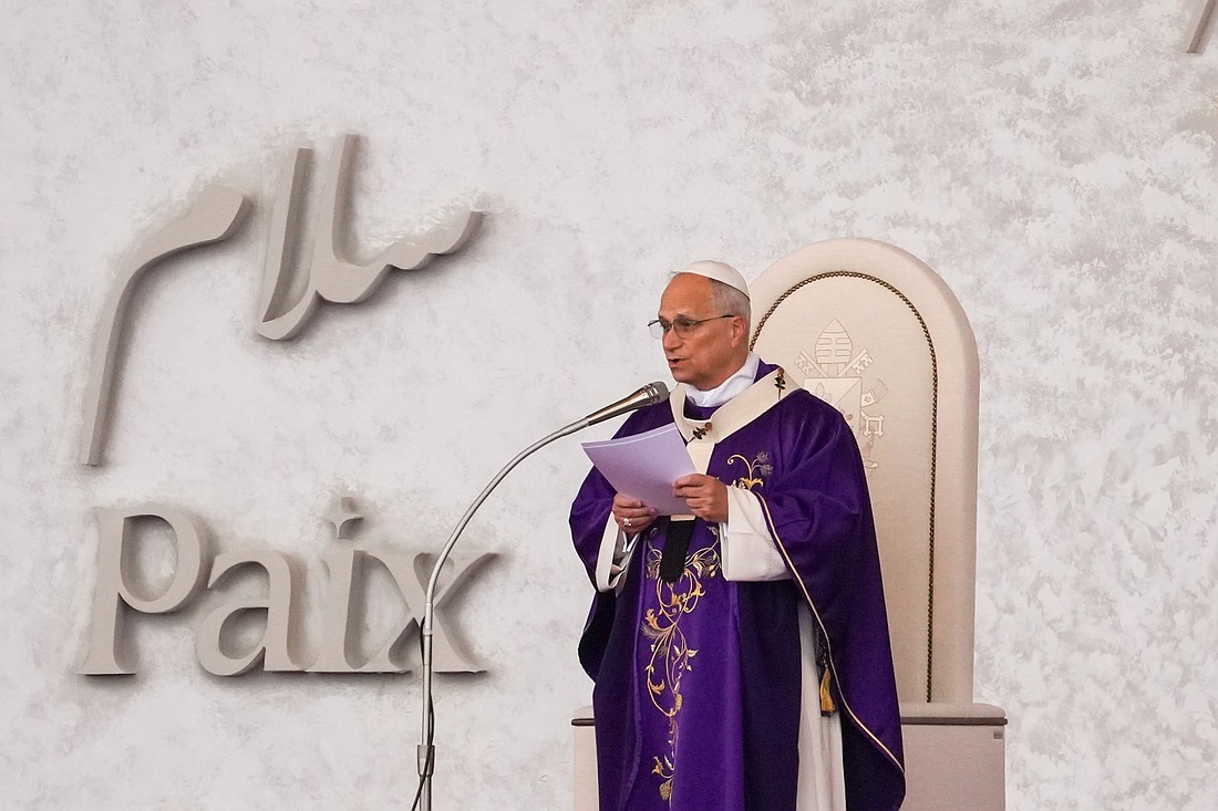 Pope Leo XIV gives his homily during Mass in Beirut, Lebanon, on the final day of his first apostolic journey Dec. 2, 2025. (CNS photo/Lola Gomez)
