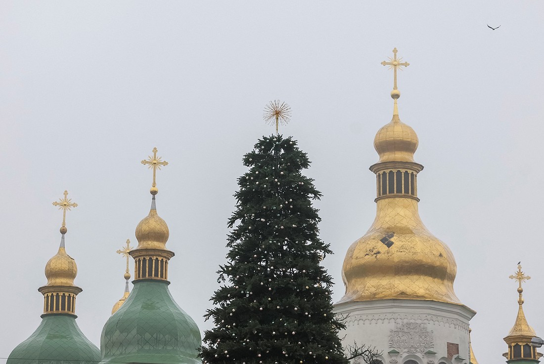 A Christmas tree is displayed in front of the Holy Wisdom Cathedral, or St. Sophia Cathedral, in central Kyiv, Dec. 1, 2025. As Russian attacks on Ukrainian civilians accompany U.S.-brokered peace talks that as of Dec. 3 produced no breakthrough, Ukraine's religious leaders warn that failure to halt Russia and hold it accountable will expand the war to Europe. (OSV News photo/Gleb Garanich, Reuters)
