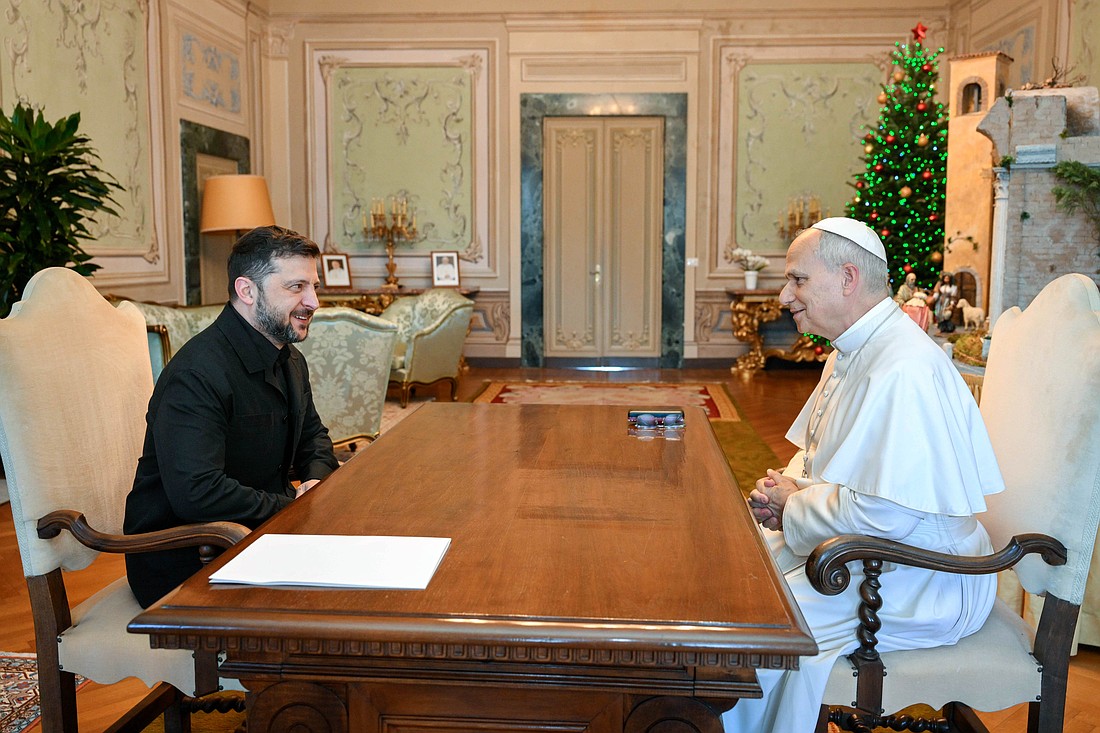 Ukrainian President Volodymyr Zelenskyy greets Pope Leo XIV during a meeting at the papal residence in Castel Gandolfo Dec. 9, 2025. (CNS photo/Vatican Media)