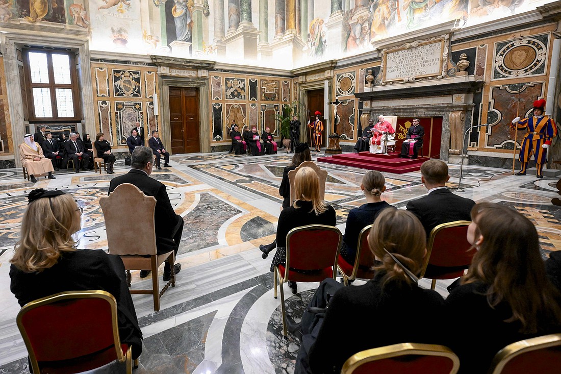 Pope Leo XIV welcomes new ambassadors to the Vatican during an audience in the Clementine Hall of the Apostolic Palace Dec. 6, 2025. (CNS photo/Vatican Media)