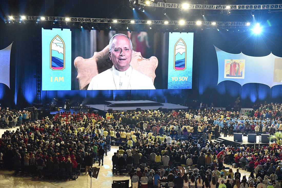 Pope Leo XIV speaks on Nov. 21, 2025, with close to16,000 Catholic youths gathered in Lucas Oil Stadium in Indianapolis for the National Catholic Youth Conference. The pontiff had a 45-minute live video encounter with the youths, which was moderated by Katie Prejean McGrady. (OSV News photo/Sean Gallagher, The Criterion)