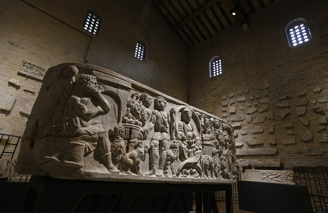An ancient marble sarcophagus is pictured in a museum in the reconstructed 4th-century Basilica of St. Sylvester above the Catacombs of Priscilla in Rome Nov. 20, 2013. (CNS photo/Paul Haring)