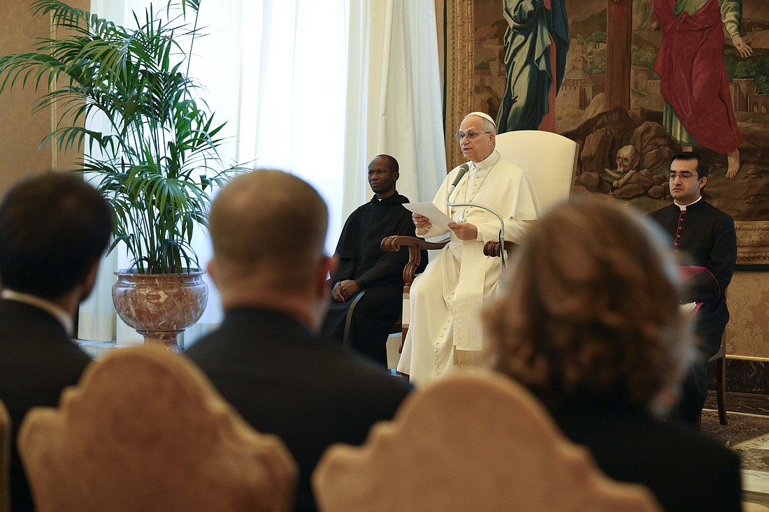 Pope Leo XIV speaks to members of the Conservatives and Reformists Group of the European Parliament in the Apostolic Palace at the Vatican Dec. 10, 2025. (CNS photo/Vatican Media)