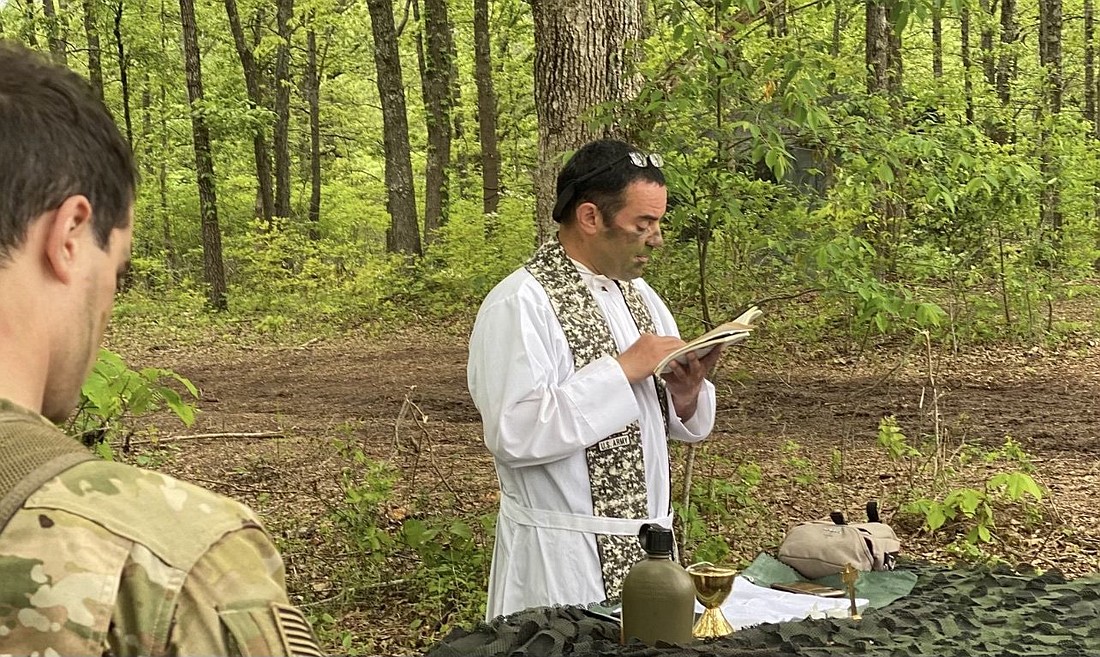 Father Peter Pomposello, a U.S. Army chaplain who holds the rank of major, celebrates a field Mass for soldiers of the 101st Airborne Division at Fort Campbell, Ky., the summer of 2022. (OSV News photo/courtesy Father Pomposello)