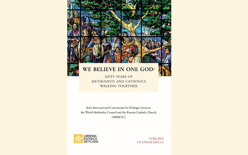The cover of "We Believe in One God: 60 Years of Methodists and Catholics Walking Together," a summary of the work of the Methodist-Roman Catholic International Commission, features a detail from the Resurrection Window at the United Methodist Church of the Resurrection in Leawood, Kansas, and includes images of St. John XXIII, John Wesley, Teresa of Avila and others. The book is published by the Libreria Editrice Vaticana. (CNS photo/LEV)