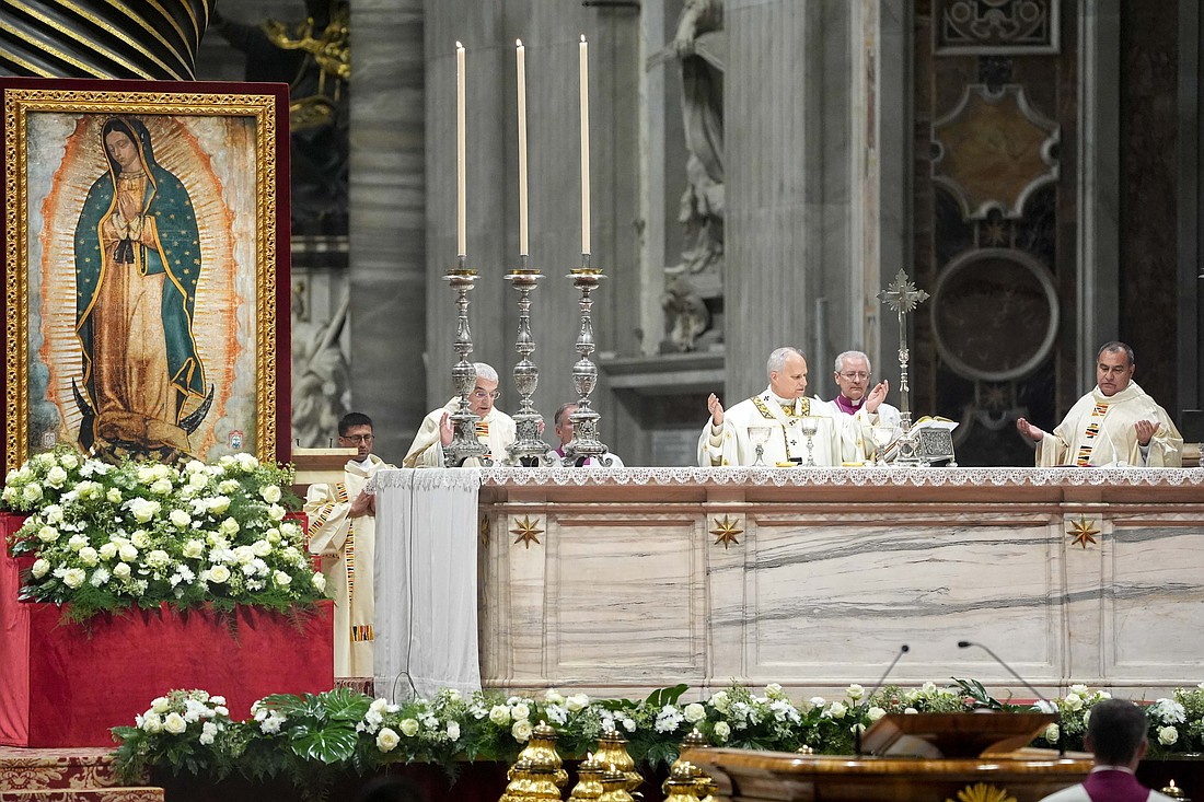 Pope Leo XIV celebrates Mass on the feast of Our Lady of Guadalupe in St. Peter’s Basilica at the Vatican, Dec. 12, 2025. (CNS photo/Lola Gomez)
