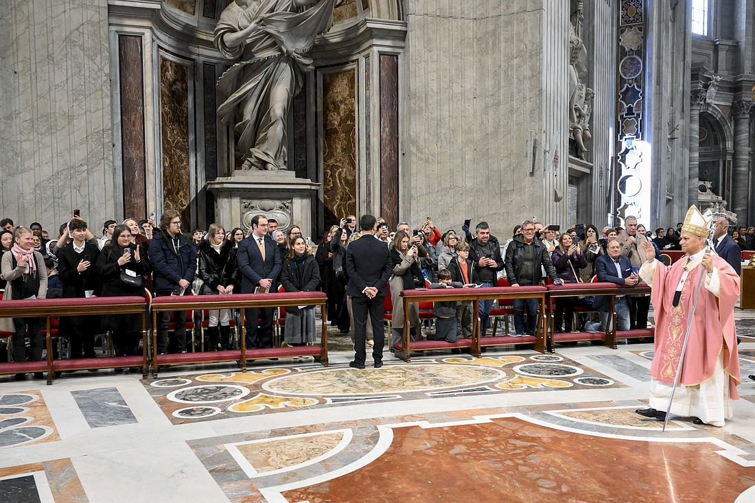 Pope Leo XIV arrives in procession for his Mass for the Jubilee of Prisoners in St. Peter's Basilica at the Vatican Dec. 14, 2025. (CNS photo/Vatican Media)..