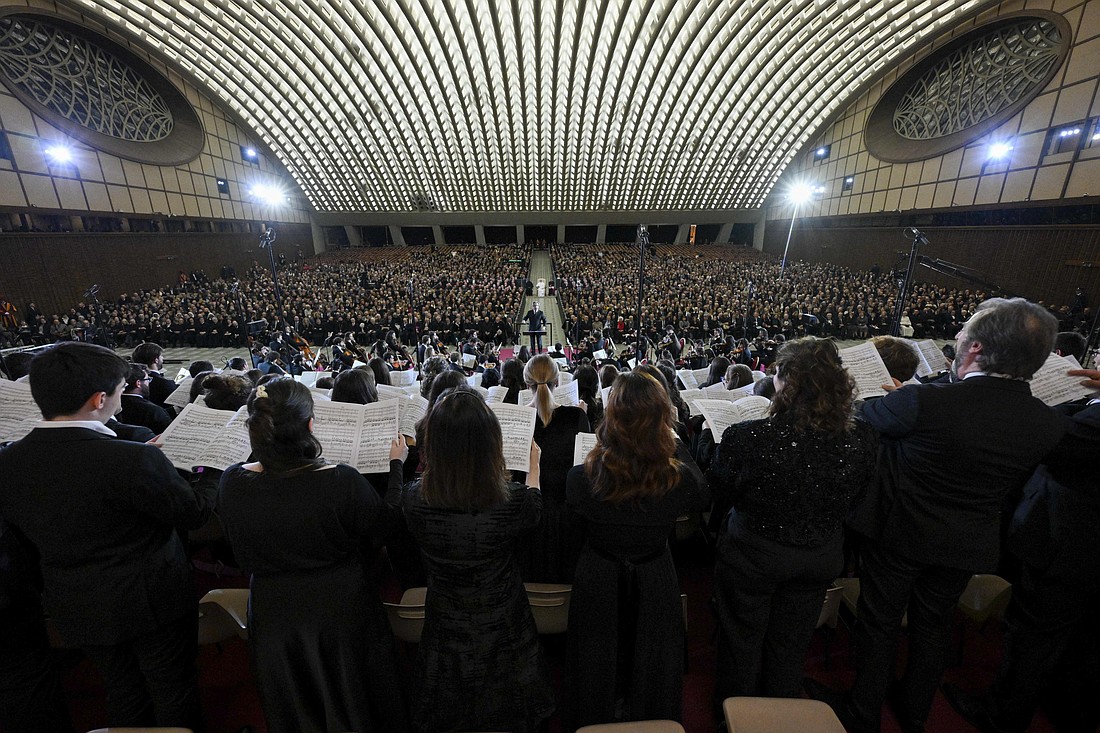 Musicians perform during a Christmas concert in the Paul VI Audience Hall at the Vatican Dec. 12, 2025. The concert was conducted by Italian composer Riccardo Muti and organized by the Dicastery for Culture and Education and the Pontifical Foundation “Gravissimum Educationis.” (CNS photo/Vatican Media)