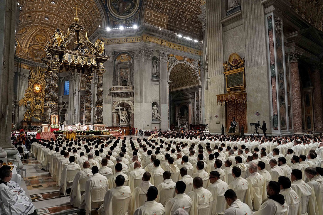Pope Leo XIV celebrates Mass for the feast of Our Lady of Guadalupe in St. Peter’s Basilica at the Vatican, Dec. 12, 2025. Hundreds of priests concelebrated the liturgy, which honors the patroness of the Americas. (CNS photo/Lola Gomez)