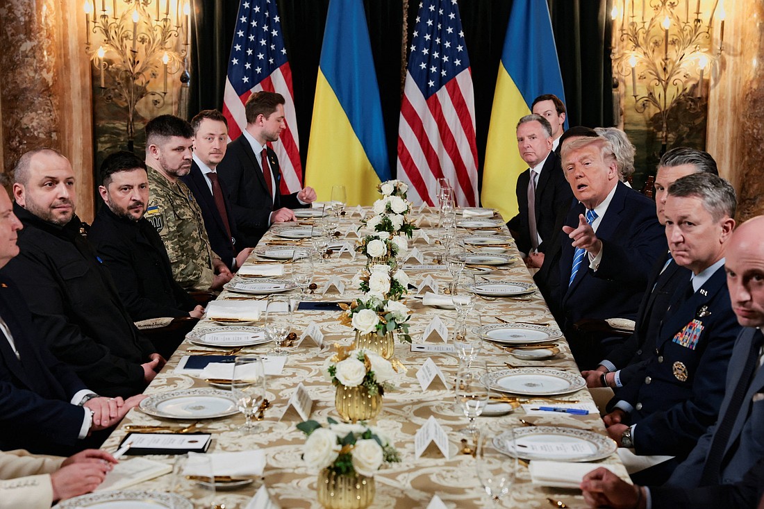 U.S. President Donald Trump, with  Secretary of State Marco Rubio, Secretary of Defense Pete Hegseth, his son-in-law Jared Kushner, U.S. Special Envoy Steve Witkoff and White House Chief of Staff Susan Wiles, meets with an Ukrainian delegation led by President Volodymyr Zelenskyy at Trump's Mar-a-Lago club in Palm Beach, Fla., Dec. 28, 2025. Trump said he believes both Zelenskyy and Russian President Vladimir Putin truly want peace, as he welcomed the "brave" Ukrainian leader for talks at his Florida resort. (OSV News photo/Jonathan Ernst, Reuters)
