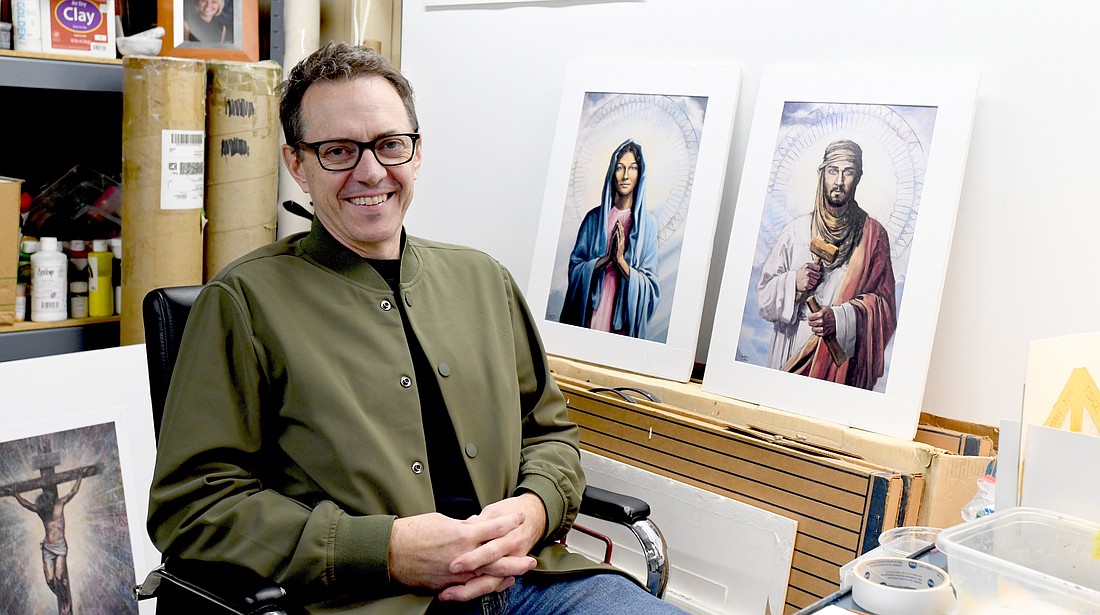 Artist Christopher Santer poses for a photo at his studio in St. Paul, Minn., Nov. 10, 2025. As a professional artist and a Catholic high school art teacher, he still does landscapes and architecture, but he is most sought after for his sacred artwork. (OSV News photo/Dianne Towalski, The Central Minnesota Catholic)