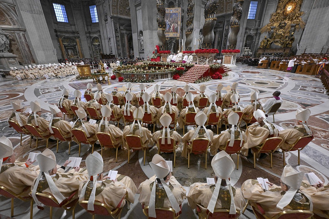 Prelates listen as Pope Leo XIV celebrates Mass on the feast of the Epiphany in St. Peter's Basilica at the Vatican Jan. 6, 2026. (OSV News photo/Simone Risoluti, Vatican Media)..