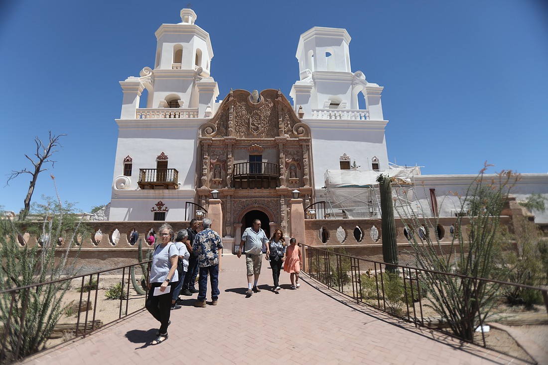 After attending Mass, people leave San Xavier del Bac Mission in Pima County, Ariz., outside Tucson, May 28, 2023. (OSV News photo/Bob Roller)