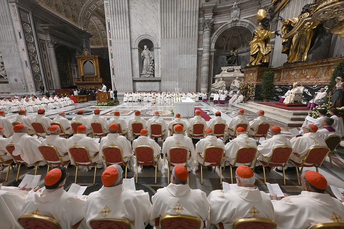 Pope Leo XIV celebrates an early morning Mass in St. Peter's Basilica at the Vatican Jan. 8, 2026, during a consistory with cardinals from around the world. (OSV News photo/Simone Risoluti, Vatican Media)