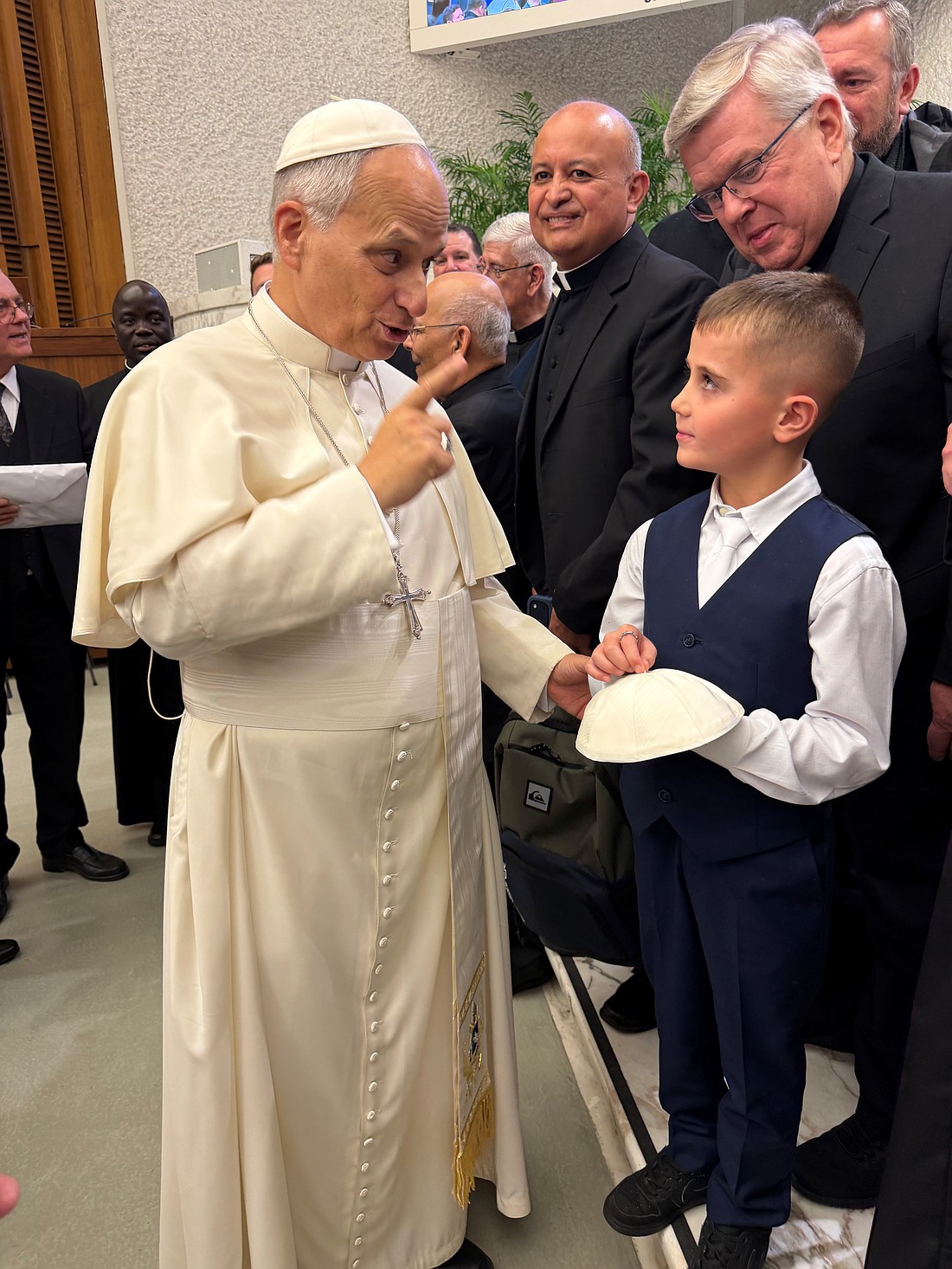 Following the Pope’s General Audience, Jan. 7, Pope Leo spoke with Tom Wieczerzak, son of Deacon Tom Wieczerzak of St. James Parish, Red Bank, telling him with a smile, “You may wear this one day — but you must become a priest first.”
