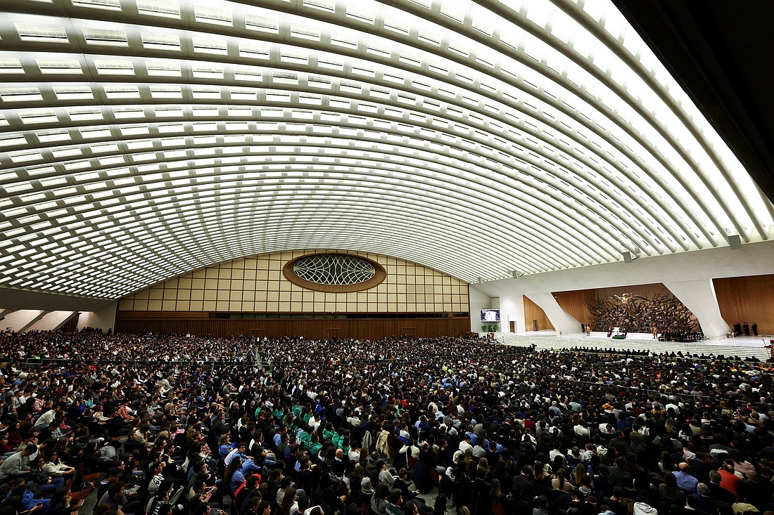 The Paul VI Hall at the Vatican is filled with a massive crowd of young people for a meeting with Pope Leo XIV Jan. 10, 2026. met the youth of Rome's diocese, at the Vatican, Jan. 10, 2026.  The thousands of young people came from parish groups, and  school and scout groups and included individuals from all over pope's own Diocese of Rome. An equally large crowd of those who didn't fit the inside the hall followed the encounter on screens in St. Peter's Square. (OSV News/Ciro De Luca, Reuters)
