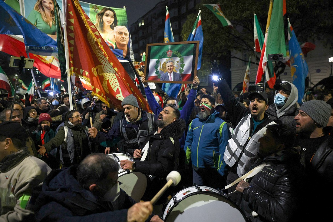 Demonstrators gather outside the Iranian Embassy in London Jan. 11, 2026, during a rally in support of nationwide protests in Iran. (OSV News photo/Isabel Infantes, Reuters)