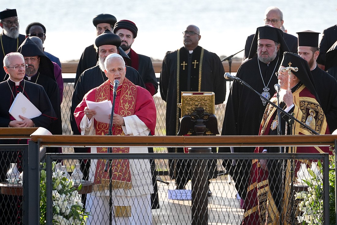 Pope Leo XIV joins Orthodox Ecumenical Patriarch Bartholomew and other Christian leaders for an ecumenical prayer service in Iznik, Turkey, Nov. 28, 2025. The gathering marked the 1,700th anniversary of the Council of Nicaea, convened in 325 A.D., which produced the Nicene Creed and defined foundational Christian doctrine. (CNS photo/Lola Gomez)